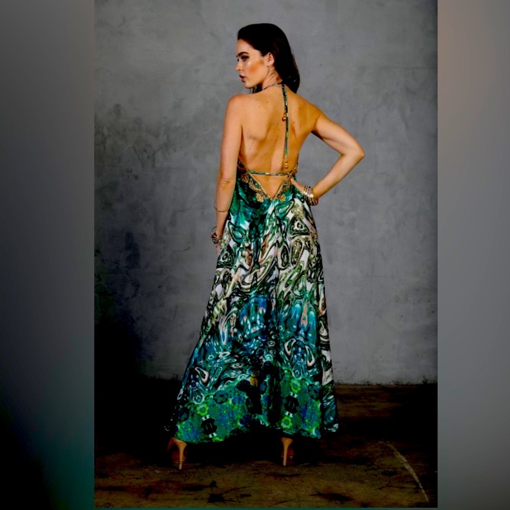 Halter gold embellished tie front maxi